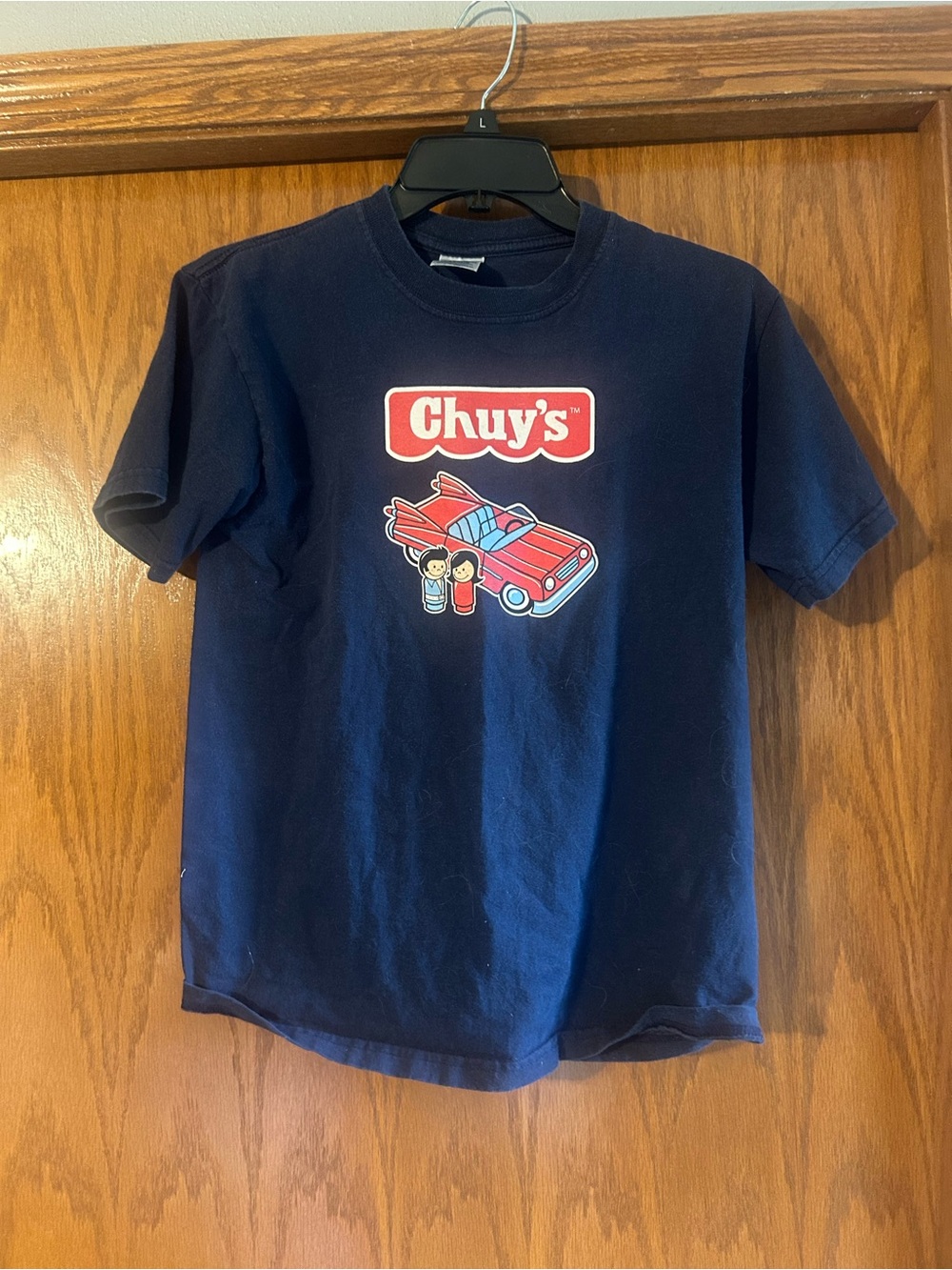 Jerzees Navy Tee with Red and White Chest Print